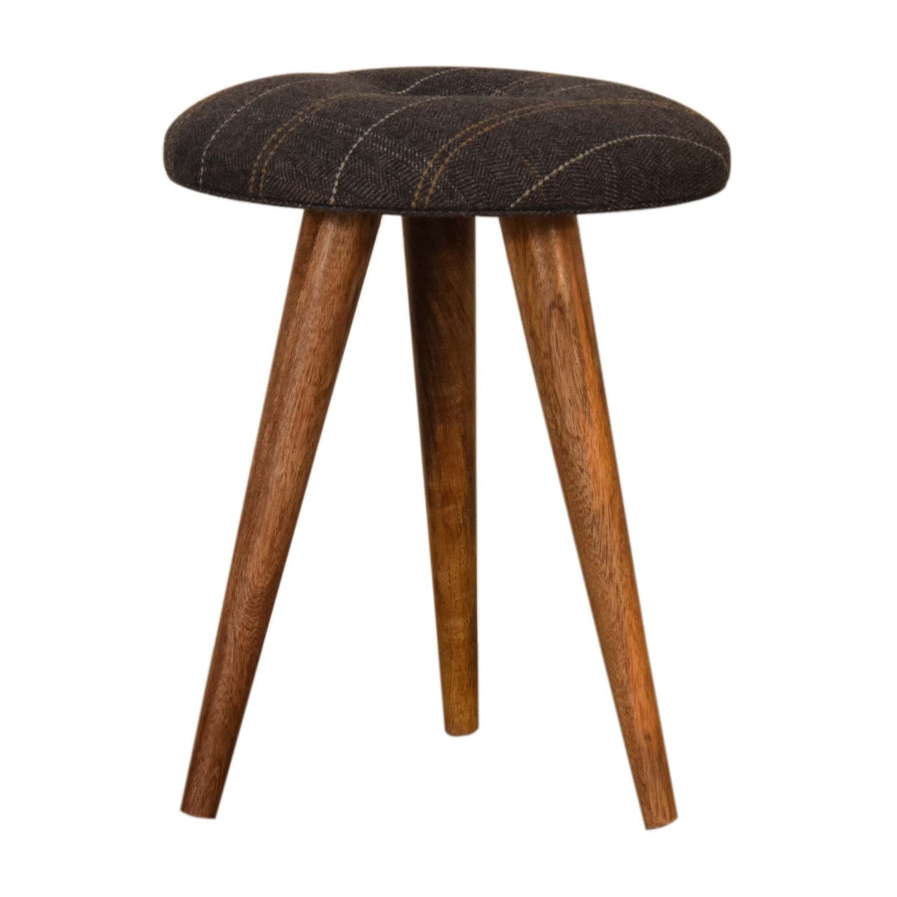 Tweed Patterned Footstool - Solid Mango Wood Accent Stool for Living Room - main view showing handcrafted solid mango...