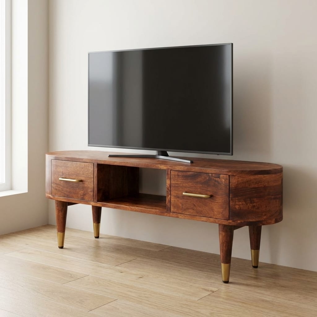 Two-Drawer Open-Slot TV Stand - Solid Mango Wood Entertainment Center for Living Room - main view showing handcrafted...