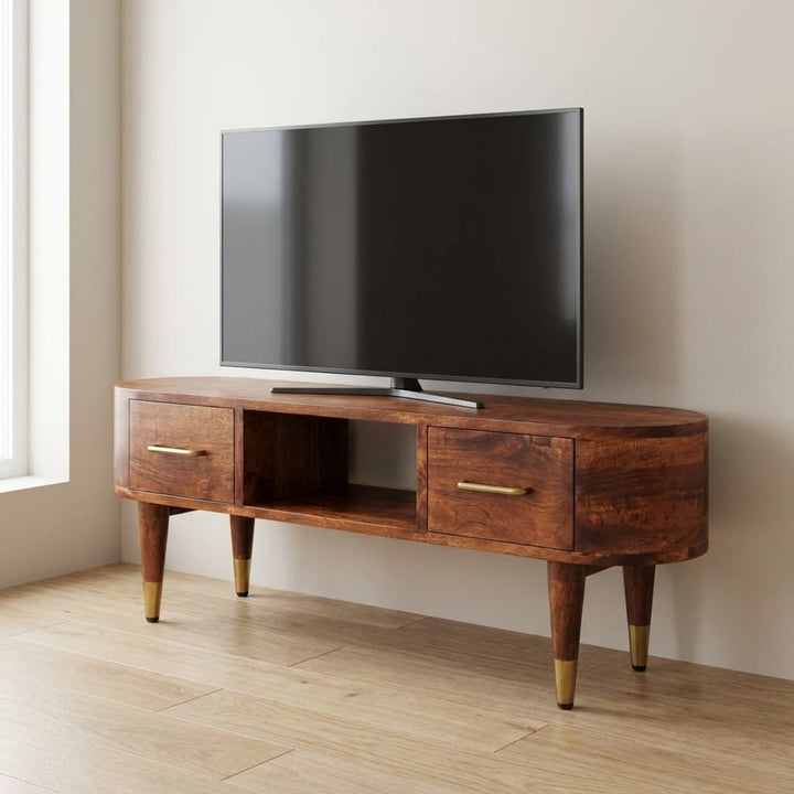 Two-Drawer Open-Slot TV Stand - Solid Mango Wood Entertainment Center for Living Room - main view showing handcrafted...