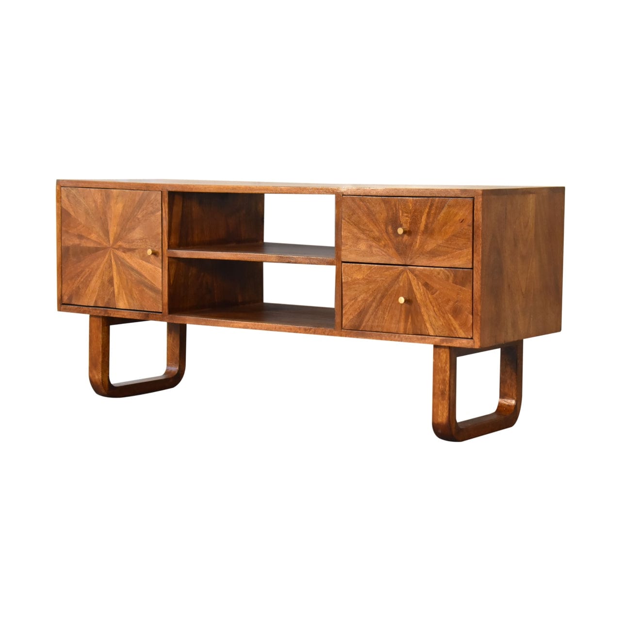 U-Chestnut Sunrise TV Stand - Solid Mango Wood Entertainment Center for Living Room - product view 4 showing handcrafted...