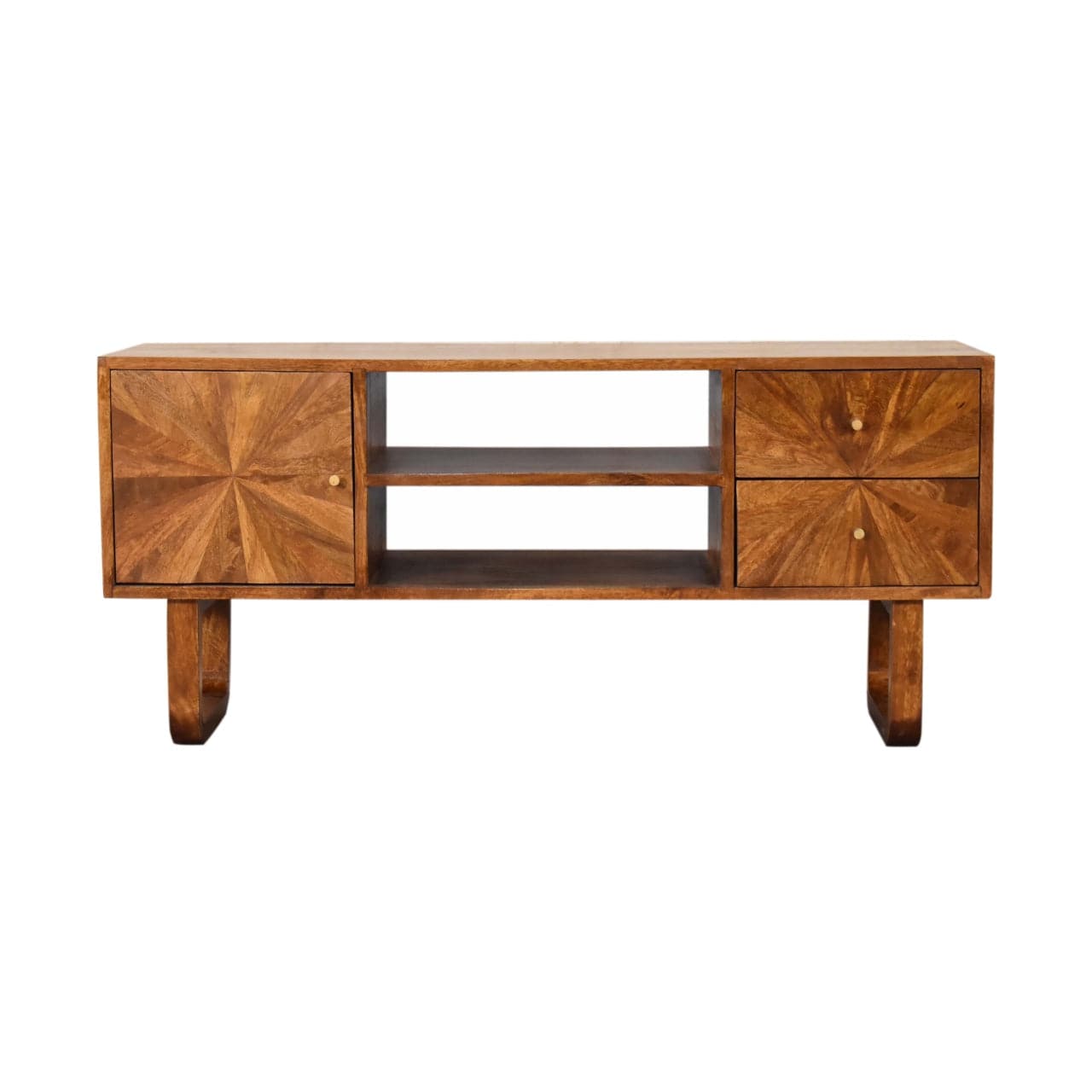 U-Chestnut Sunrise TV Stand - Solid Mango Wood Entertainment Center for Living Room - product view 3 showing handcrafted...