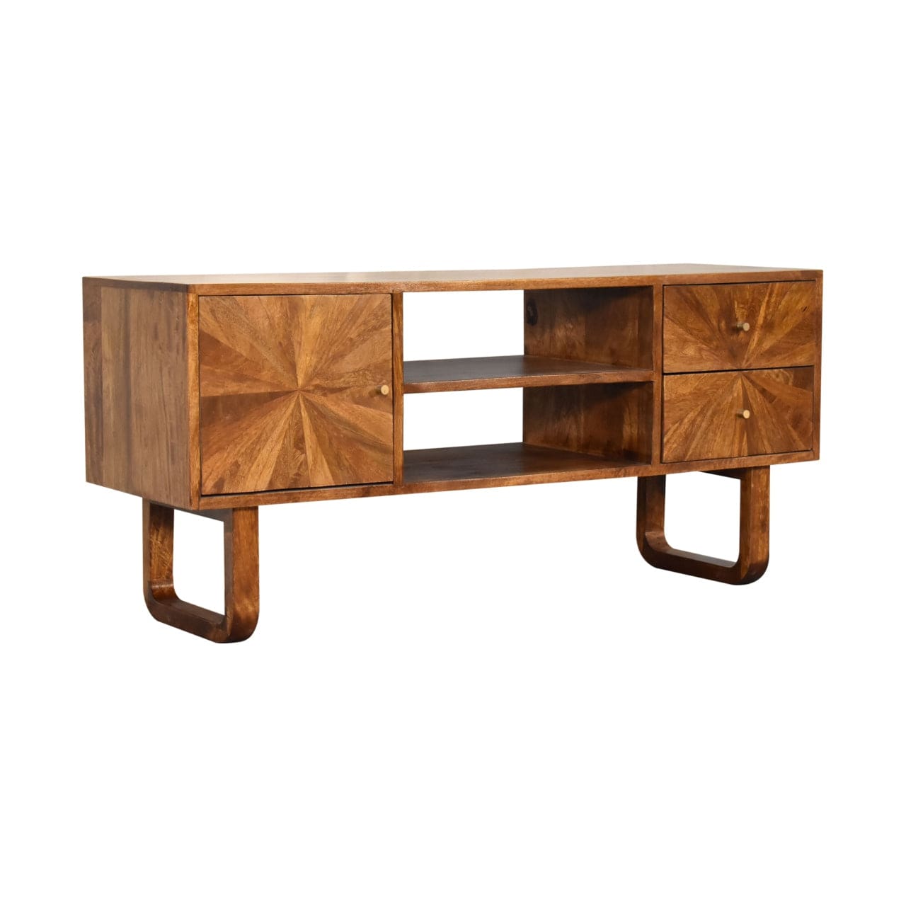 U-Chestnut Sunrise TV Stand - Solid Mango Wood Entertainment Center for Living Room - main view showing handcrafted solid...