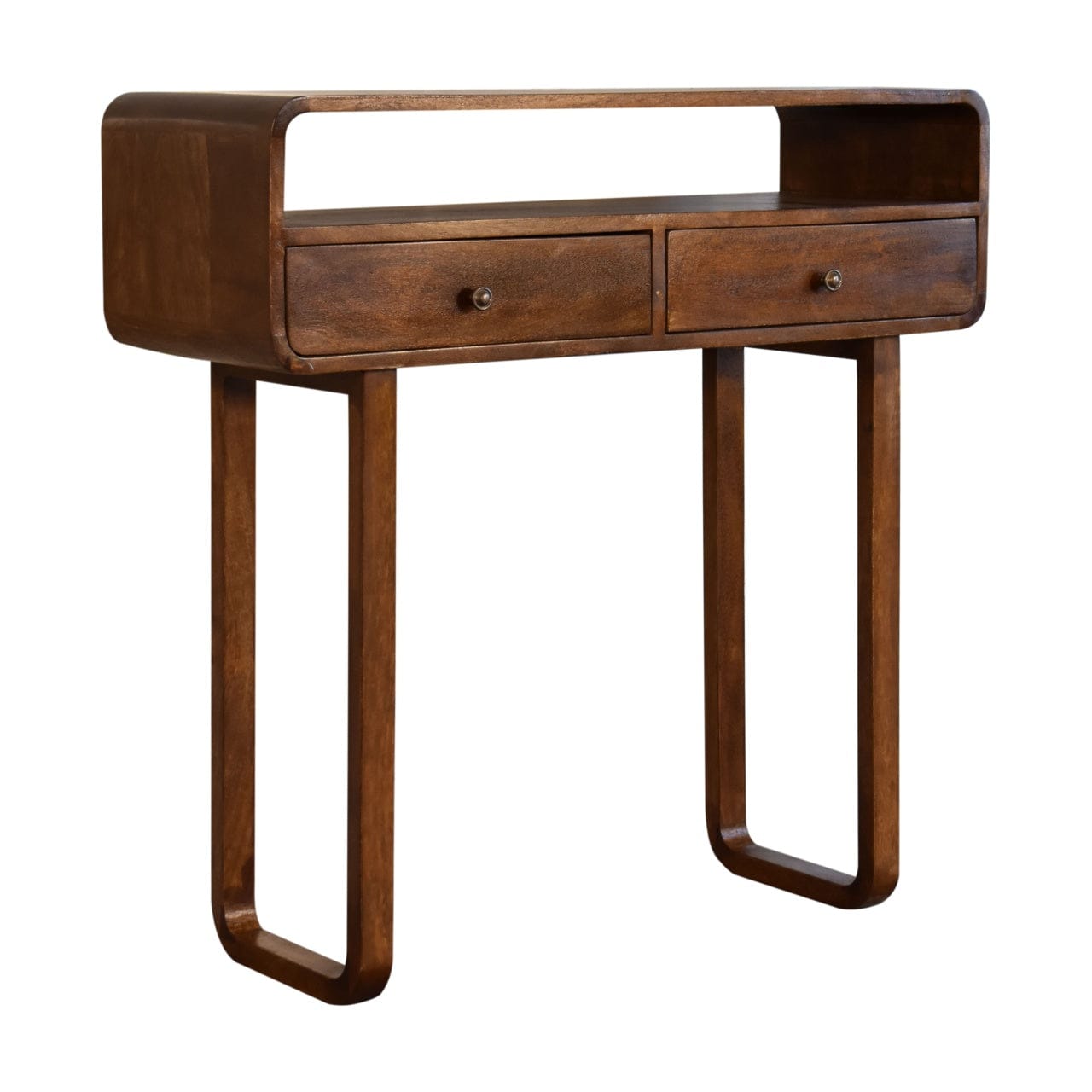 U-Curved Chestnut Console Table - Solid Mango Wood Hallway Console for Entryway - main view showing handcrafted solid...