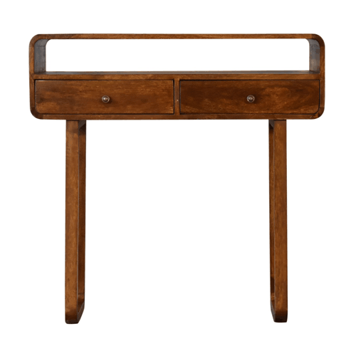 U-Curved Chestnut Console Table - Solid Mango Wood Hallway Console for Entryway - product view 2 showing handcrafted...