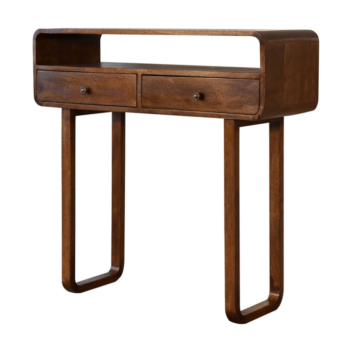 U-Curved Chestnut Console Table - Solid Mango Wood Hallway Console for Entryway - product view 4 showing handcrafted...