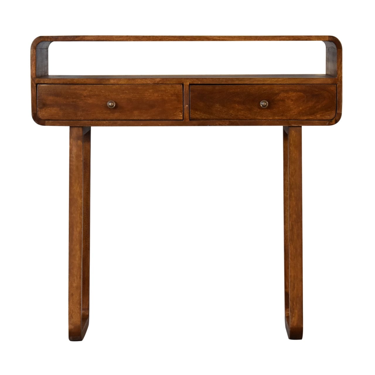 U-Curved Chestnut Console Table - Solid Mango Wood Hallway Console for Entryway - product view 3 showing handcrafted...