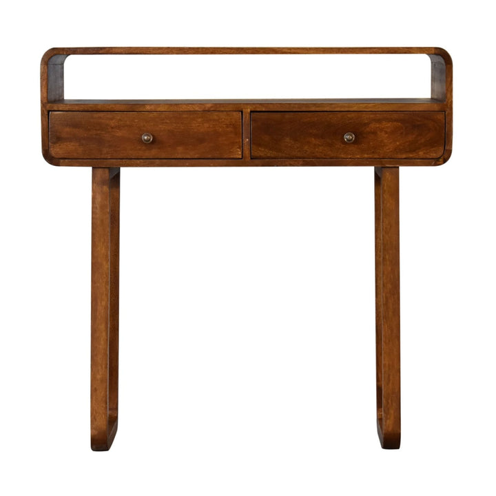 U-Curved Chestnut Console Table - Solid Mango Wood Hallway Console for Entryway - product view 3 showing handcrafted...