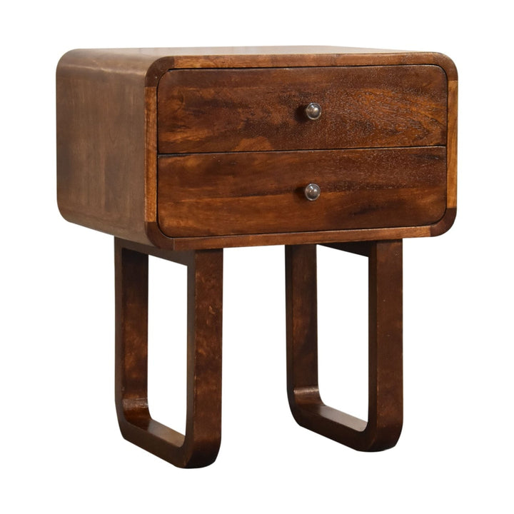 U-Curved Chestnut Nightstand - Solid Mango Wood Bedside Table for Bedroom - product view 10 showing handcrafted solid...