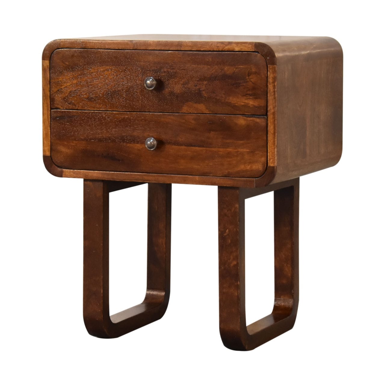 U-Curved Chestnut Nightstand - Solid Mango Wood Bedside Table for Bedroom - product view 4 showing handcrafted solid...