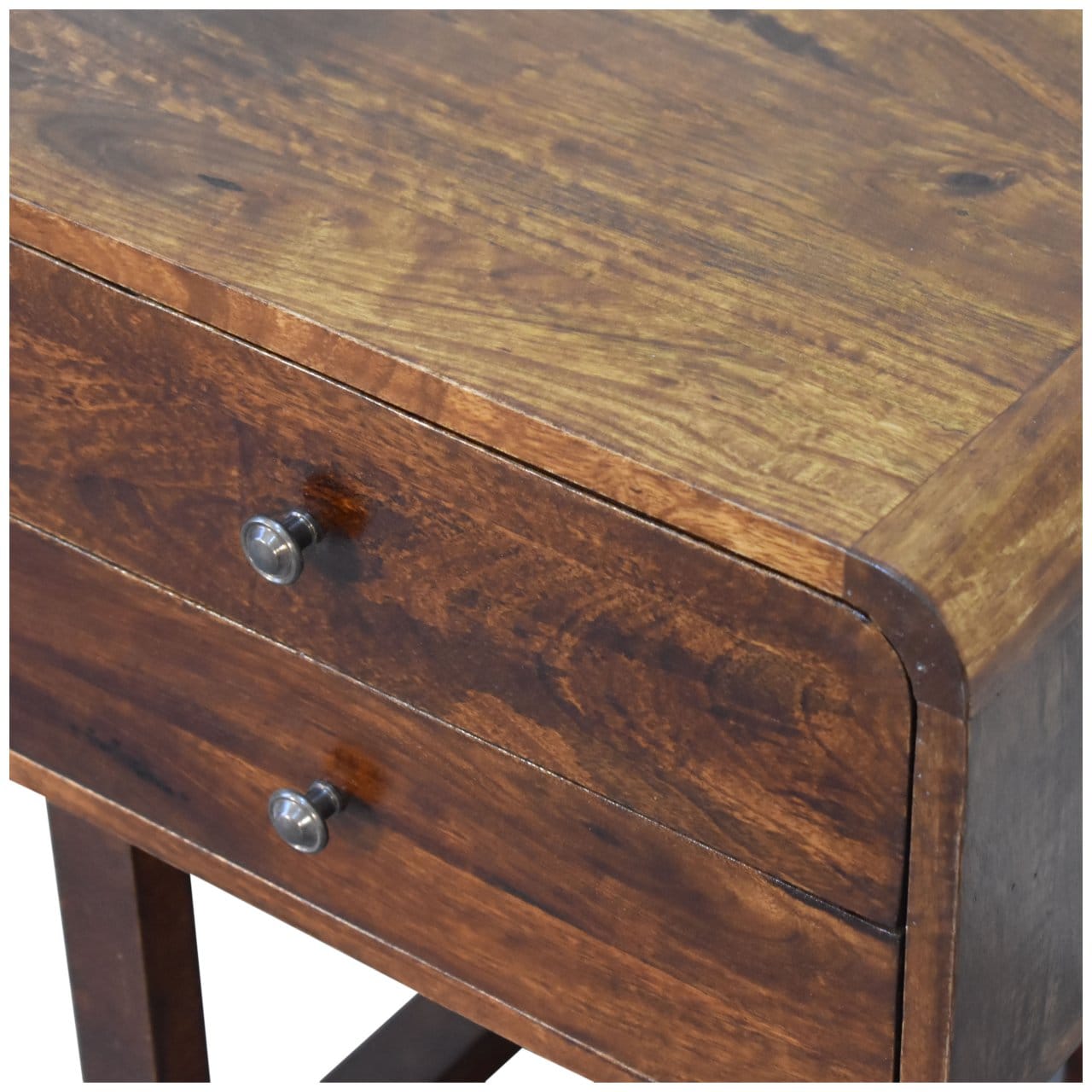 U-Curved Chestnut Nightstand - Solid Mango Wood Bedside Table for Bedroom - product view 6 showing handcrafted solid...