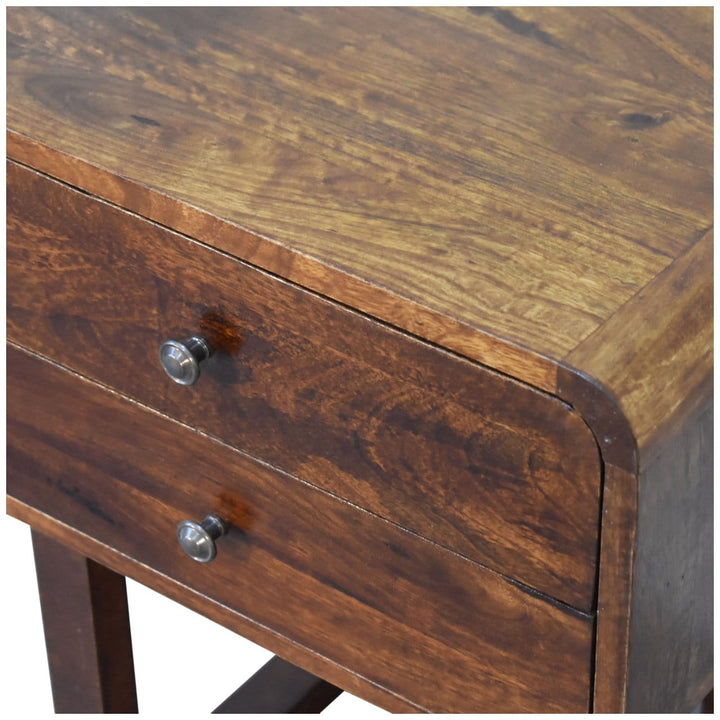 U-Curved Chestnut Nightstand - Solid Mango Wood Bedside Table for Bedroom - product view 6 showing handcrafted solid...
