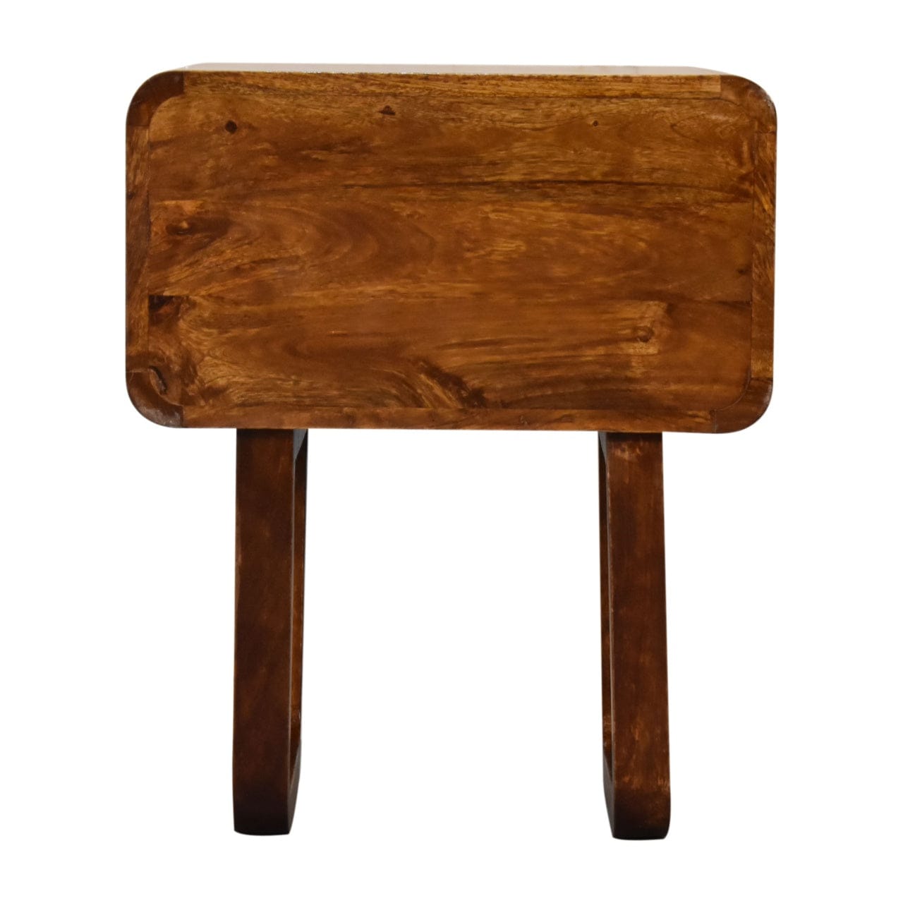 U-Curved Chestnut Nightstand - Solid Mango Wood Bedside Table for Bedroom - product view 9 showing handcrafted solid...