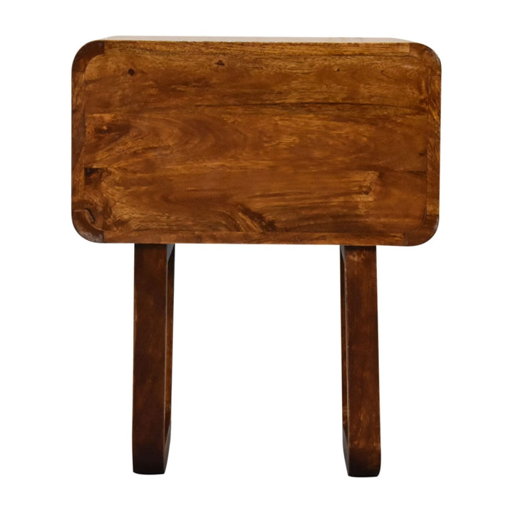 U-Curved Chestnut Nightstand - Solid Mango Wood Bedside Table for Bedroom - product view 9 showing handcrafted solid...