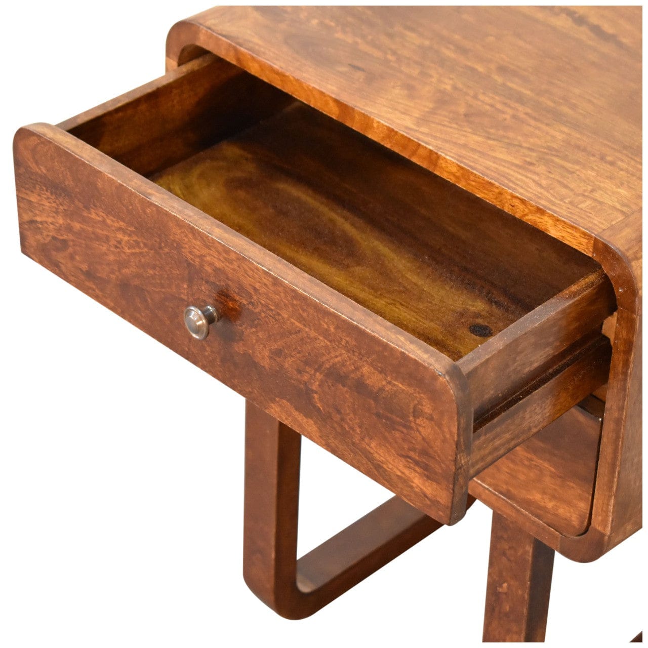 U-Curved Chestnut Nightstand - Solid Mango Wood Bedside Table for Bedroom - product view 5 showing handcrafted solid...