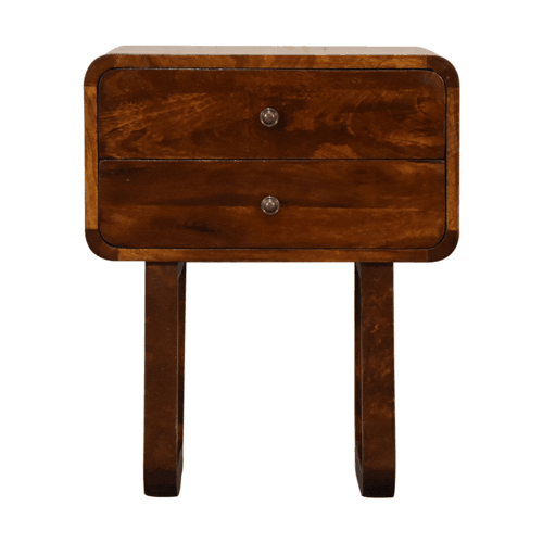 U-Curved Chestnut Nightstand - Solid Mango Wood Bedside Table for Bedroom - product view 2 showing handcrafted solid...