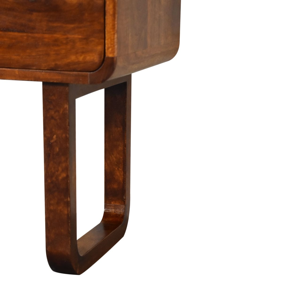U-Curved Chestnut Nightstand - Solid Mango Wood Bedside Table for Bedroom - product view 7 showing handcrafted solid...