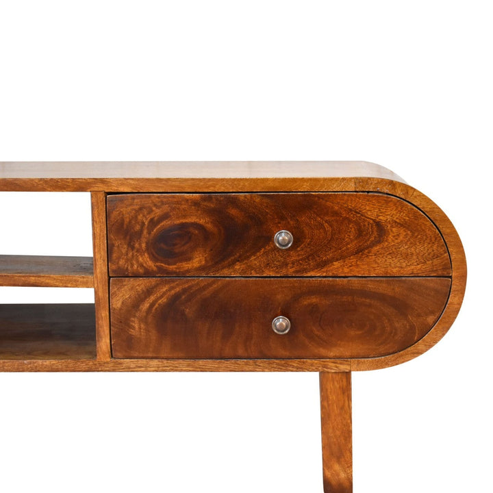 U-Round London Chestnut TV Stand - Solid Mango Wood Entertainment Center for Living Room - product view 4 showing...