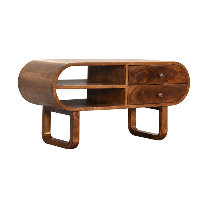 U-Round London Chestnut TV Stand - Solid Mango Wood Entertainment Center for Living Room - main view showing handcrafted...