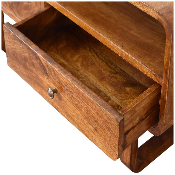 U-Shape Curve Chestnut TV Stand - Solid Mango Wood Entertainment Center for Living Room - product view 7 showing...