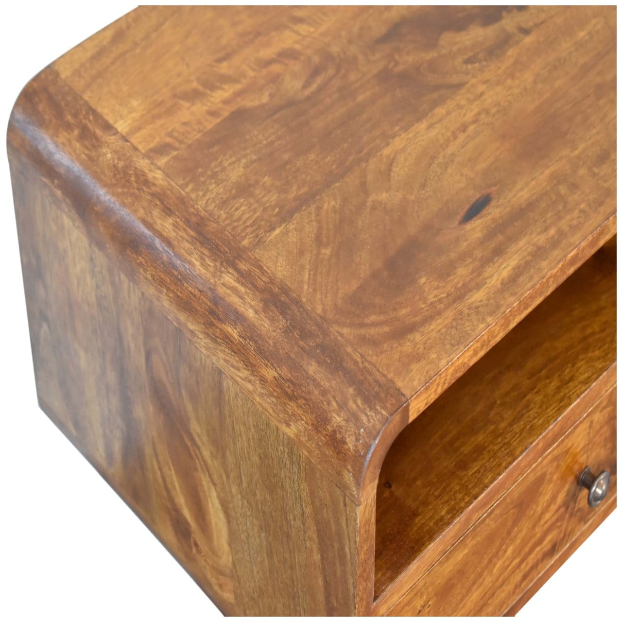 U-Shape Curve Chestnut TV Stand - Solid Mango Wood Entertainment Center for Living Room - product view 6 showing...