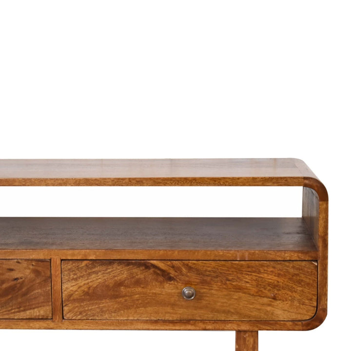 U-Shape Curve Chestnut TV Stand - Solid Mango Wood Entertainment Center for Living Room - product view 5 showing...