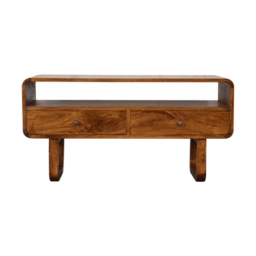 U-Shape Curve Chestnut TV Stand - Solid Mango Wood Entertainment Center for Living Room - product view 2 showing...