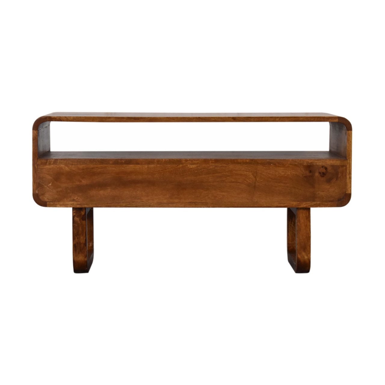 U-Shape Curve Chestnut TV Stand - Solid Mango Wood Entertainment Center for Living Room - product view 10 showing...