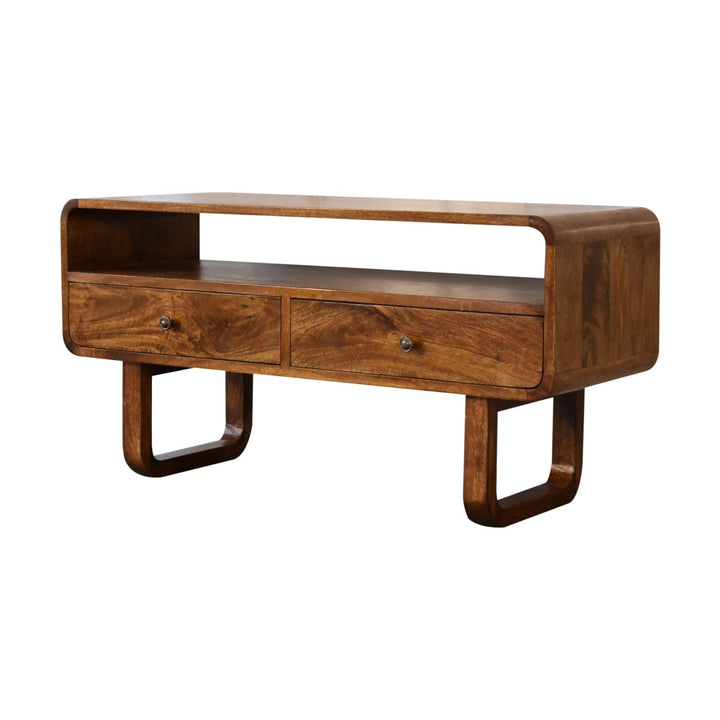 U-Shape Curve Chestnut TV Stand - Solid Mango Wood Entertainment Center for Living Room - product view 3 showing...