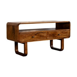 U-Shape Curve Chestnut TV Stand - Solid Mango Wood Entertainment Center for Living Room - main view showing handcrafted...