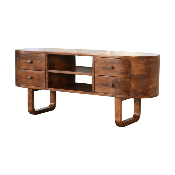 U-Shape Media TV unit - Entertainment Center in Solid Mango Wood - product view 4 showing handcrafted solid mango wood...