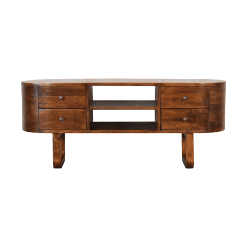 U-Shape Media TV unit - Entertainment Center in Solid Mango Wood - product view 2 showing handcrafted solid mango wood...