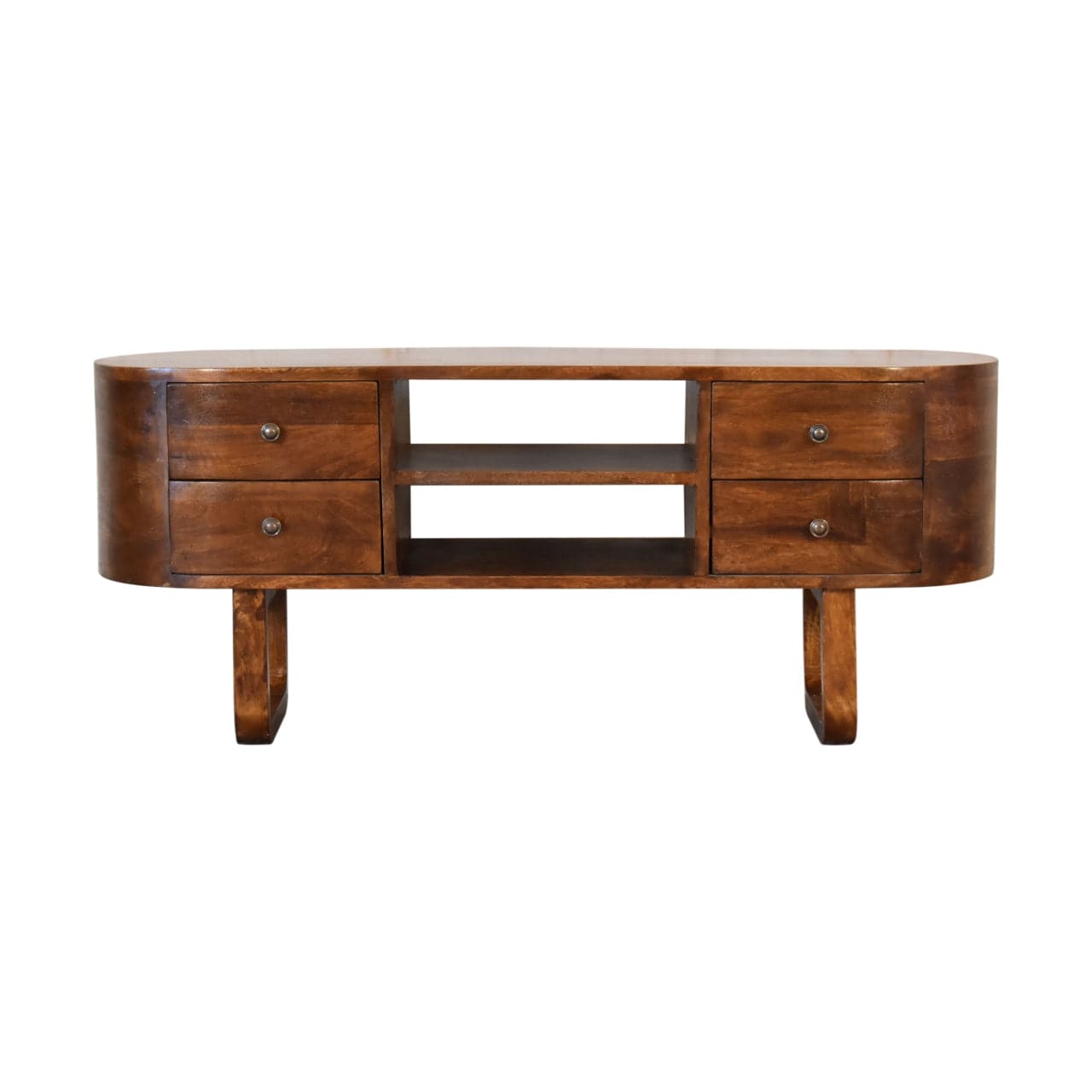 U-Shape Media TV unit - Entertainment Center in Solid Mango Wood - product view 3 showing handcrafted solid mango wood...