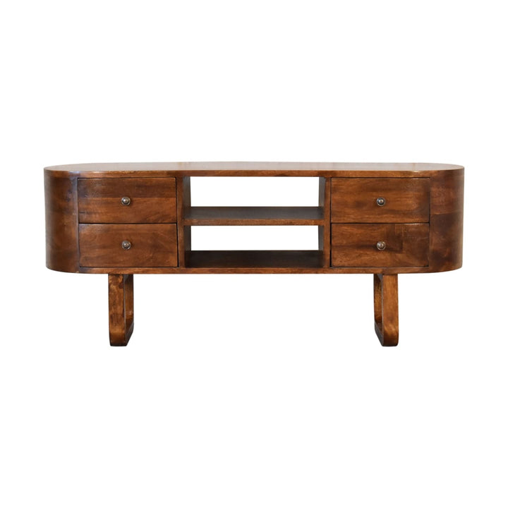 U-Shape Media TV unit - Entertainment Center in Solid Mango Wood - product view 3 showing handcrafted solid mango wood...