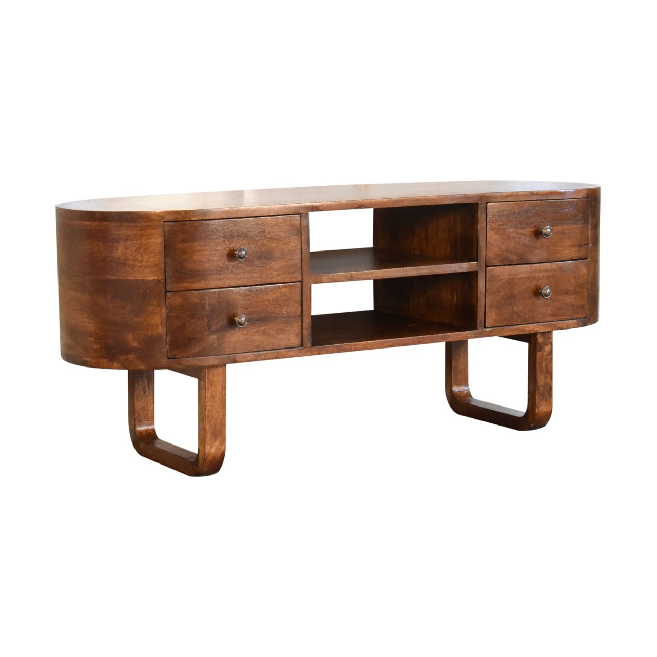 U-Shape Media TV unit - Entertainment Center in Solid Mango Wood - main view showing handcrafted solid mango wood tv stand