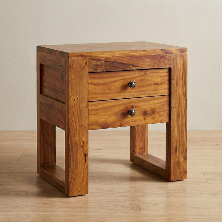 U-Square Honey Nightstand - Solid Mango Wood Bedside Table for Bedroom - main view showing handcrafted solid mango wood...