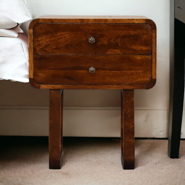 U-Curved Chestnut Nightstand - Solid Mango Wood Bedside Table for Bedroom - main view showing handcrafted solid mango...