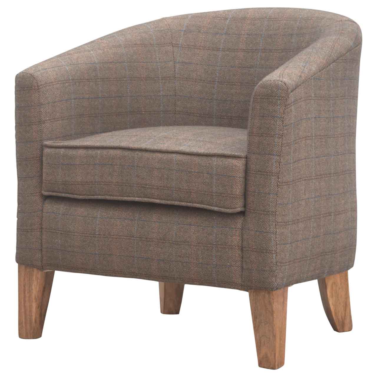 Upholstered Tweed Tub Chair - Solid Mango Wood Barrel Chair for Living Room - product view 2 showing handcrafted solid...