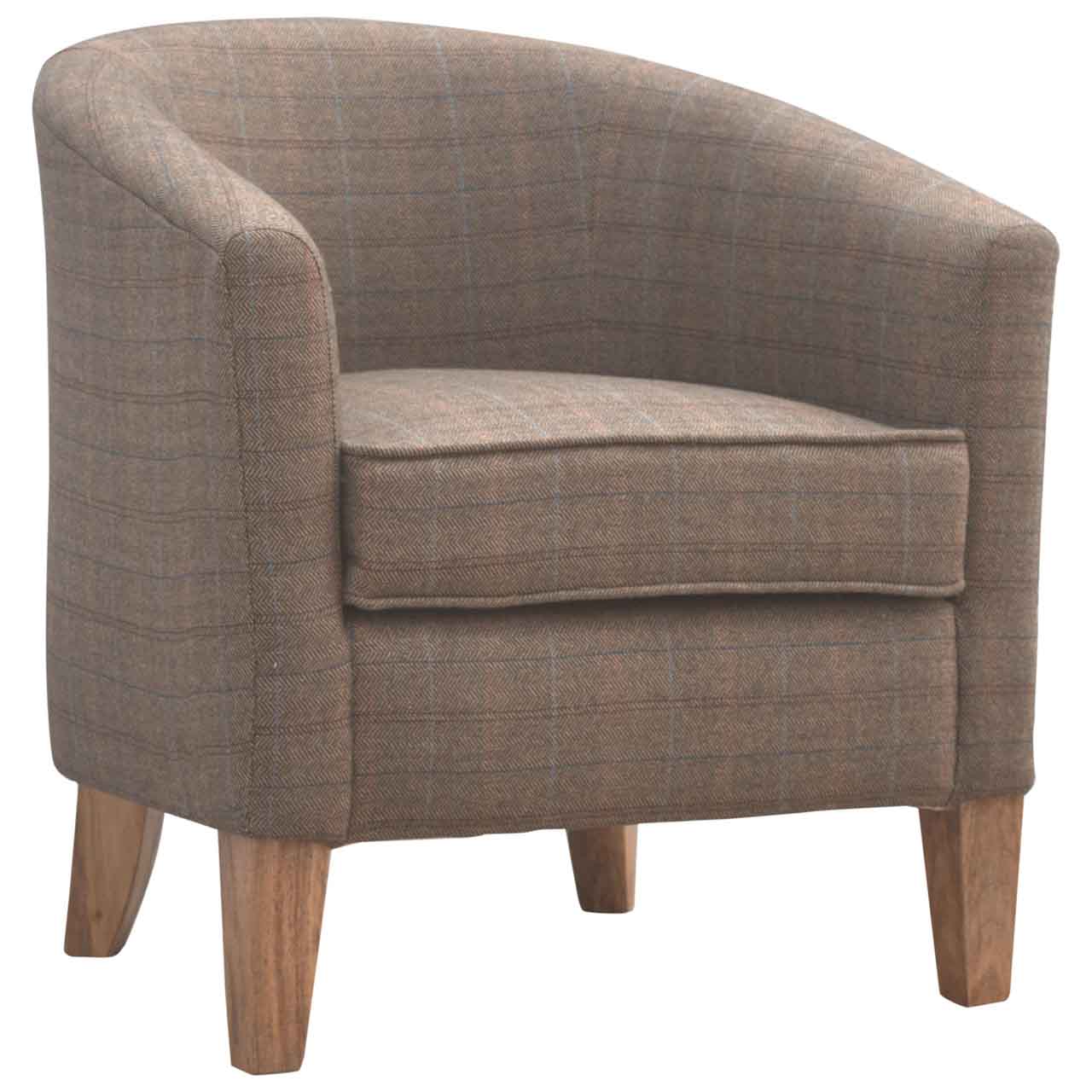 Upholstered Tweed Tub Chair - Solid Mango Wood Barrel Chair for Living Room - main view showing handcrafted solid mango...