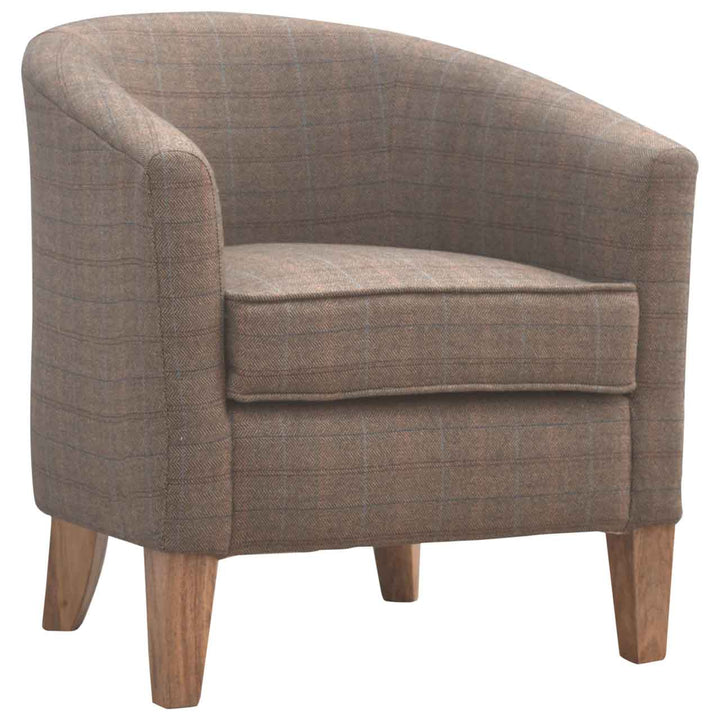 Upholstered Tweed Tub Chair - Solid Mango Wood Barrel Chair for Living Room - main view showing handcrafted solid mango...