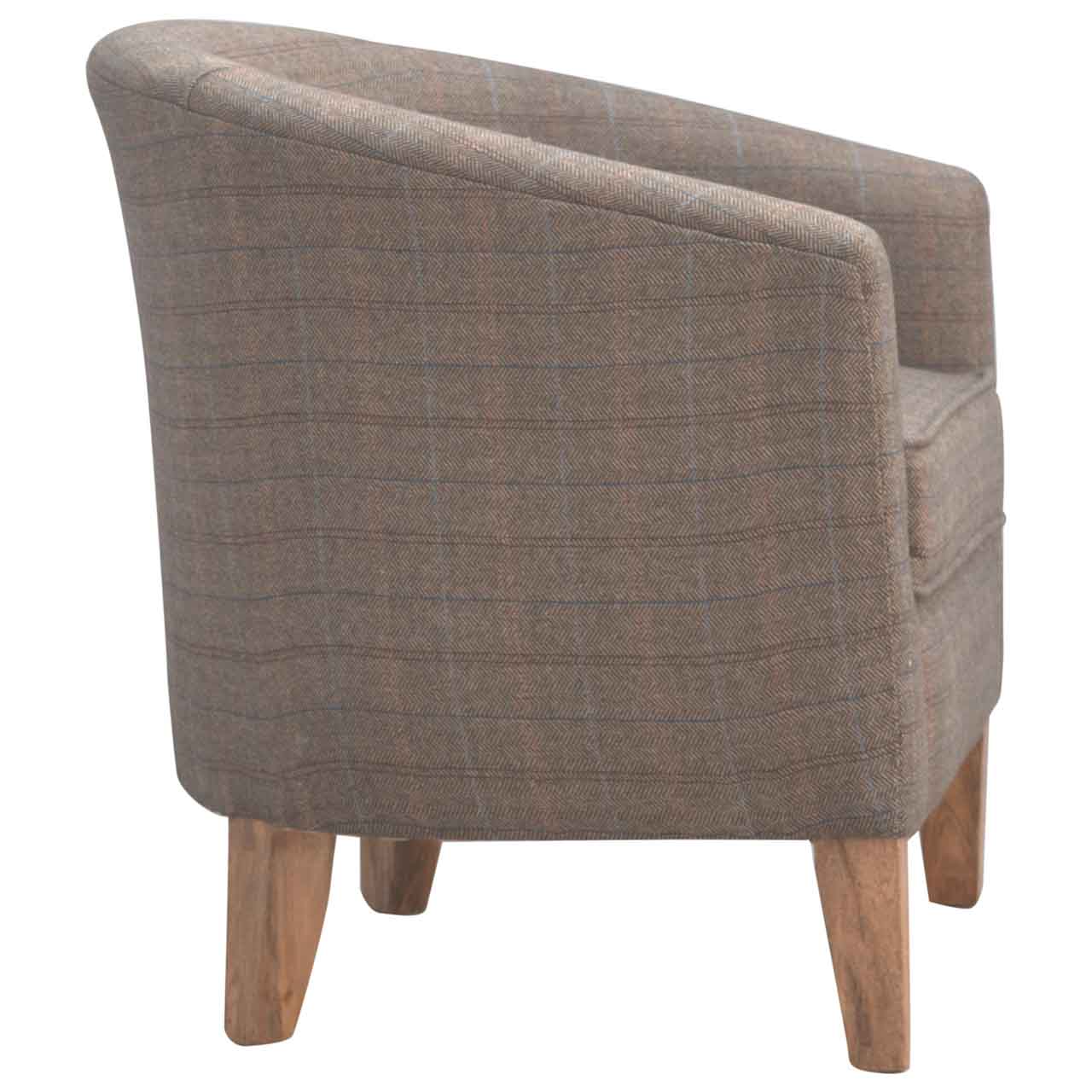 Upholstered Tweed Tub Chair - Solid Mango Wood Barrel Chair for Living Room - product view 3 showing handcrafted solid...