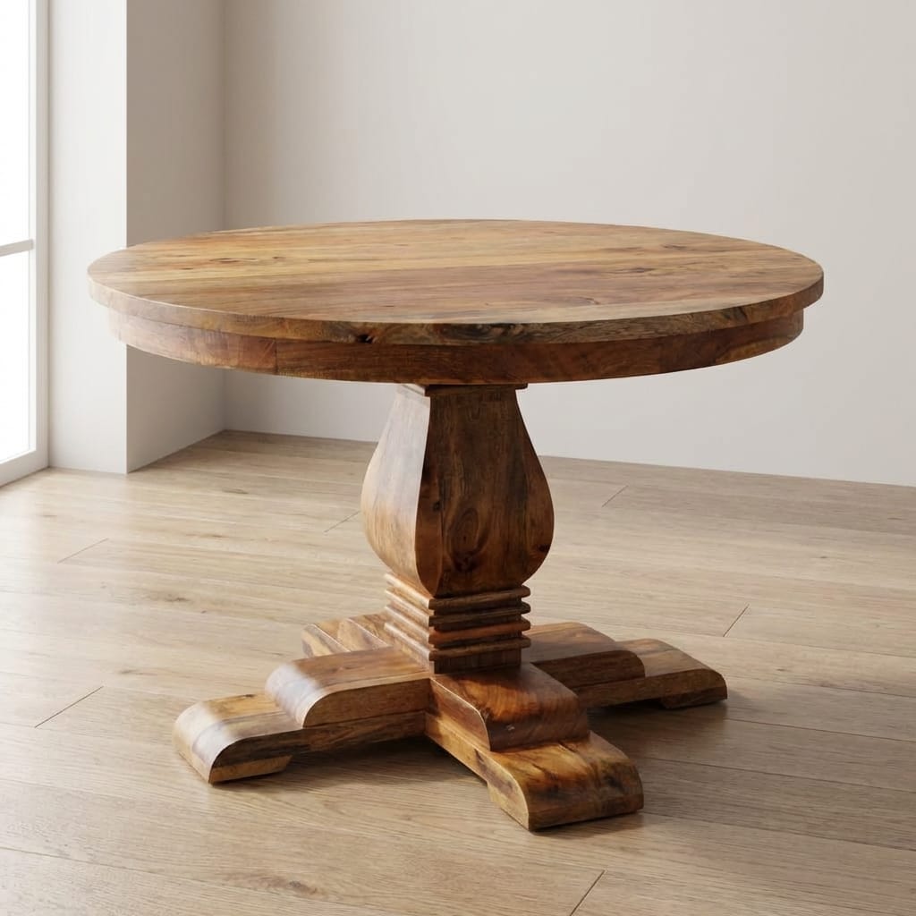 Valentina Round Dining Table - Solid Mango Wood Kitchen Table - main view showing handcrafted solid mango wood dining table
