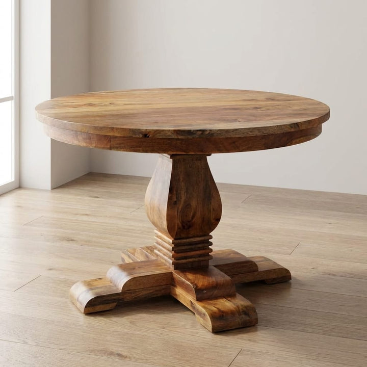 Valentina Round Dining Table - Solid Mango Wood Kitchen Table - main view showing handcrafted solid mango wood dining table