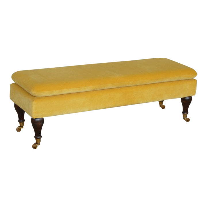 Velvet Castor Bench - Solid Mango Wood Seating Furniture for Entryway - product view 2 showing handcrafted solid mango...