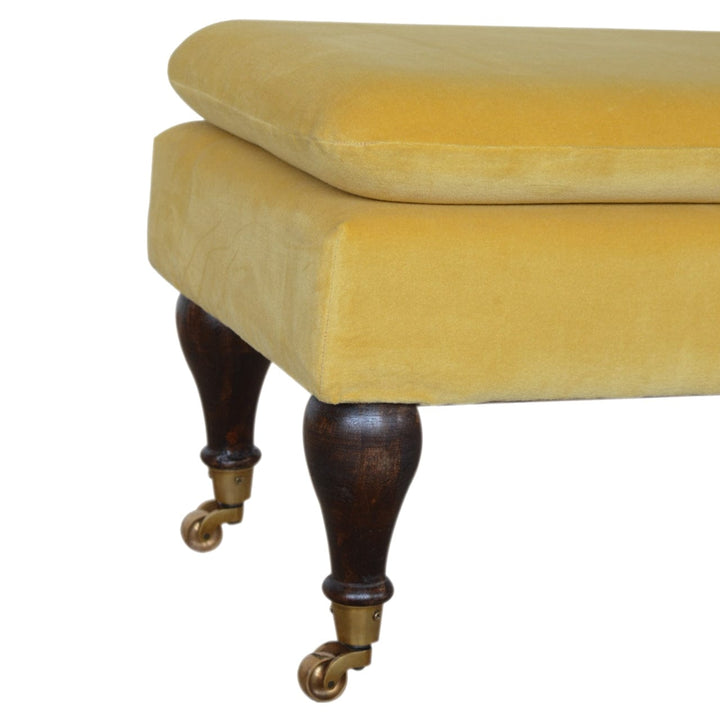 Velvet Castor Bench - Solid Mango Wood Seating Furniture for Entryway - product view 4 showing handcrafted solid mango...