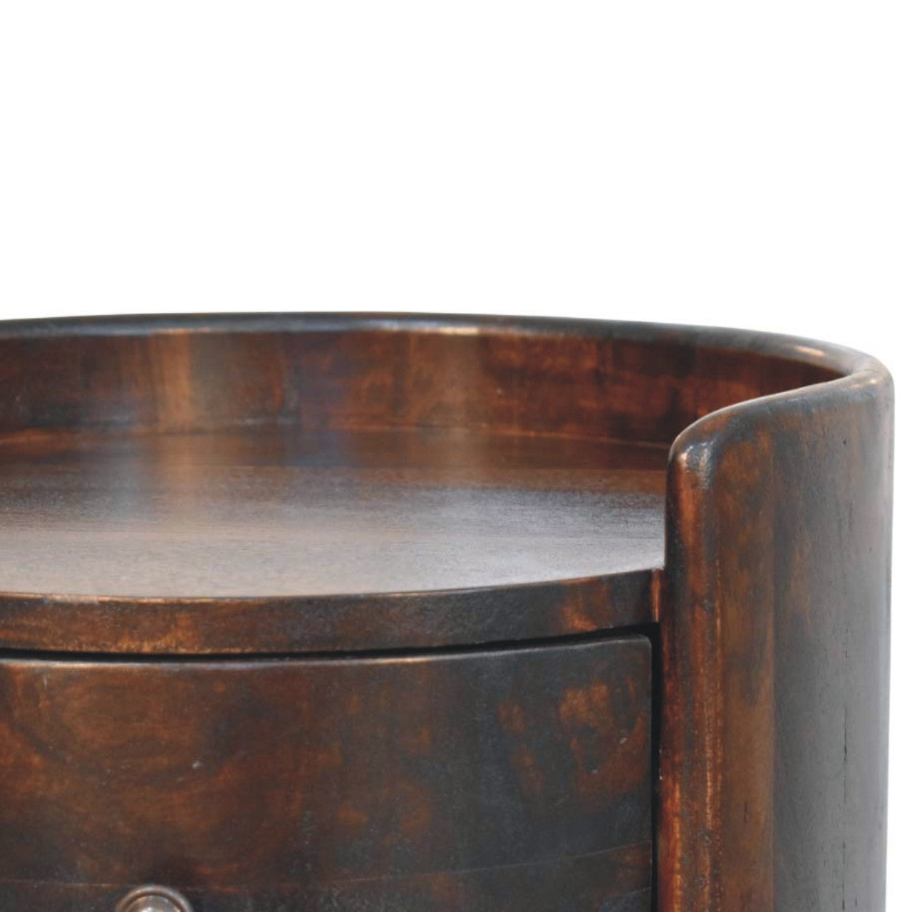 Velvet Mocha Round Side Table in Solid Mango Wood - product view 3 showing handcrafted solid mango wood side table