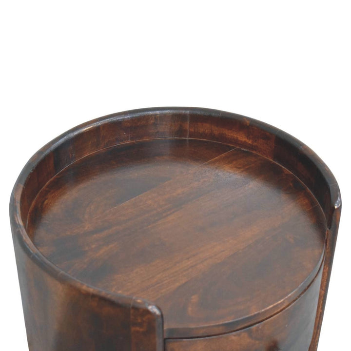 Velvet Mocha Round Side Table in Solid Mango Wood - product view 4 showing handcrafted solid mango wood side table
