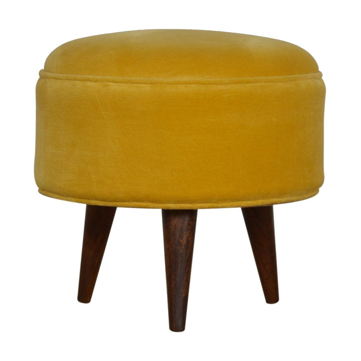 Velvet Nordic Footstool - Solid Mango Wood Accent Stool for Living Room - main view showing handcrafted solid mango wood...