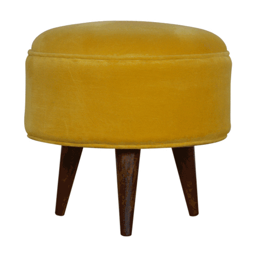Velvet Nordic Footstool - Solid Mango Wood Accent Stool for Living Room - product view 2 showing handcrafted solid mango...