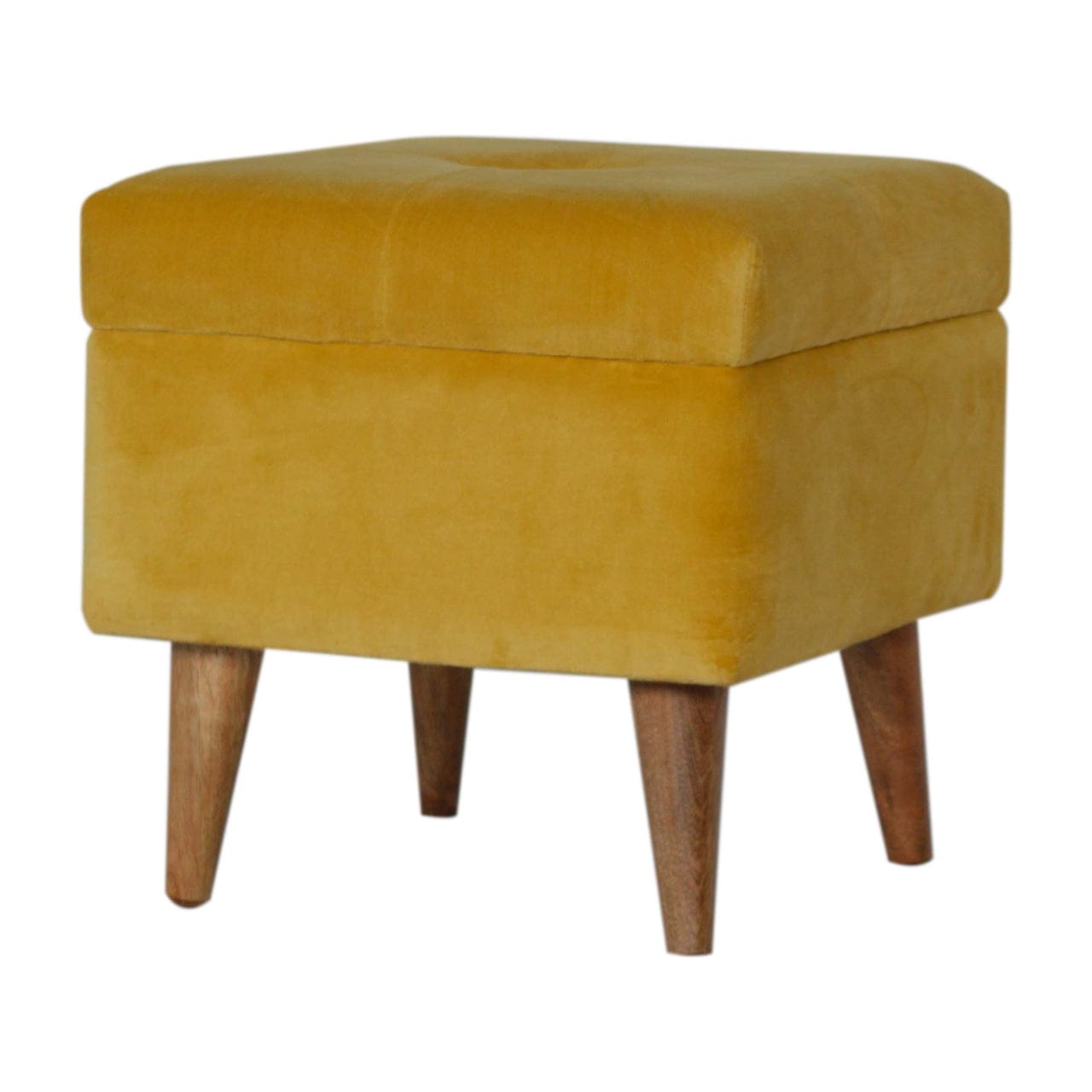 Velvet Storage Footstool - Solid Mango Wood Accent Stool for Living Room - main view showing handcrafted solid mango wood...