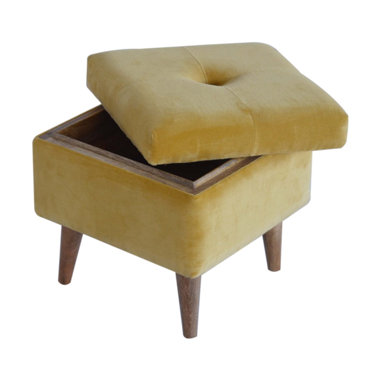 Velvet Storage Footstool - Solid Mango Wood Accent Stool for Living Room - product view 7 showing handcrafted solid mango...